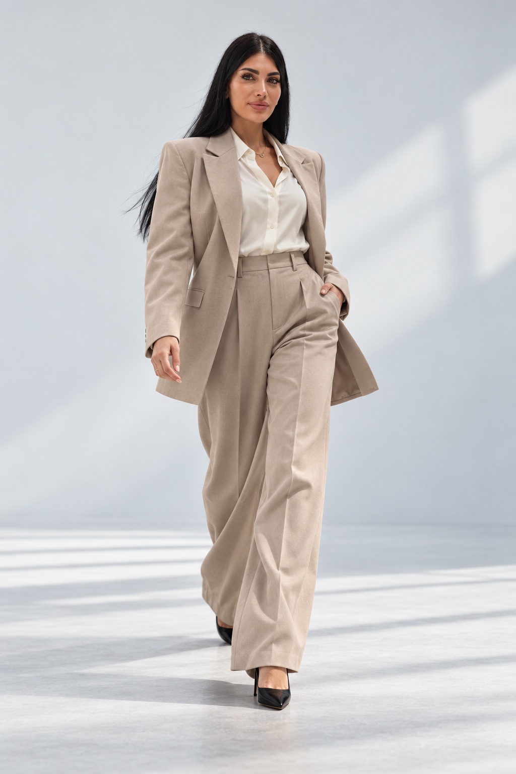 Diana walking in a taupe suit and black heels