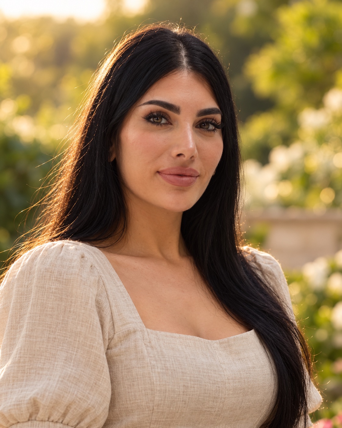 Diana in a linen top in a garden at golden hour